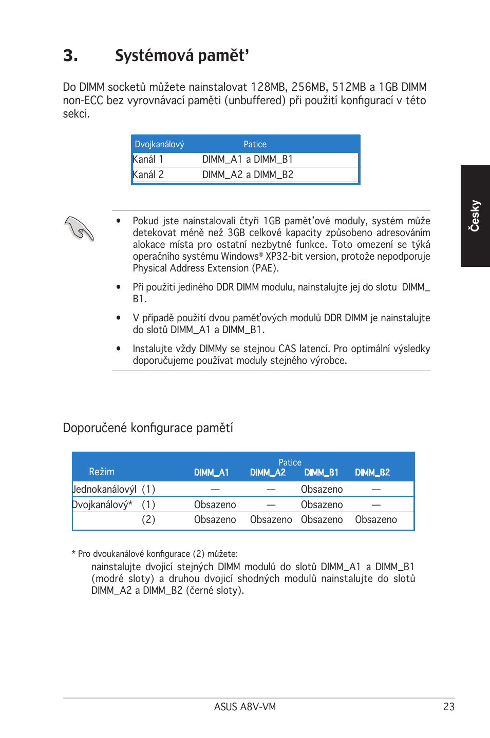 Systémová pamět, Doporučené konfigurace pamětí | Asus A8V-VM User Manual | Page 24 / 38