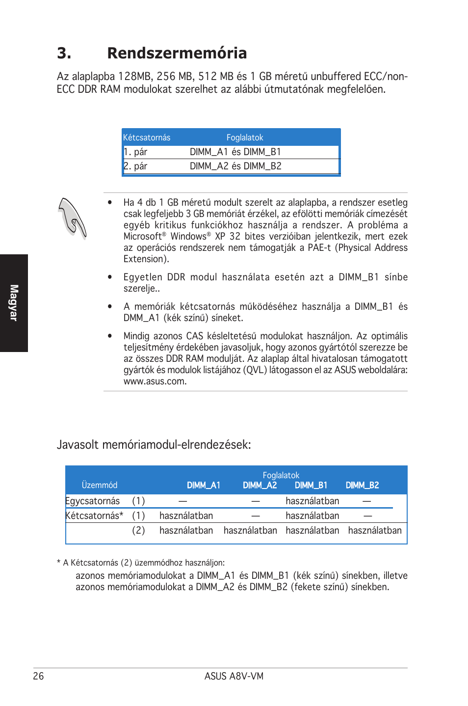 Rendszermemória, Javasolt memóriamodul-elrendezések | Asus A8V-VM User Manual | Page 27 / 38