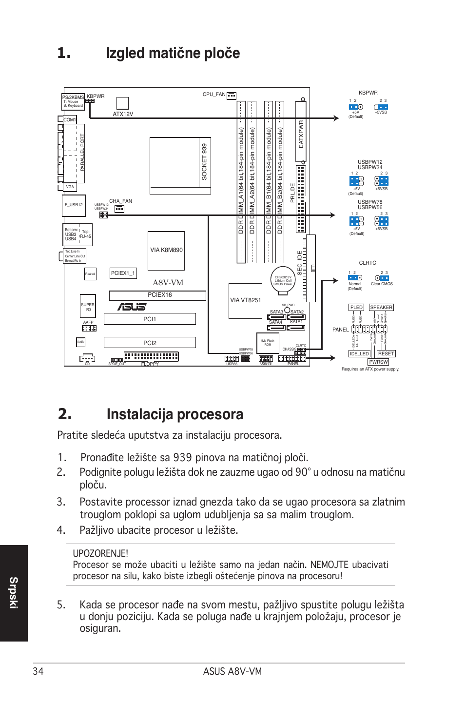 Izgled matične ploče 2. instalacija procesora, Srpski, 34 asus a8v-vm | A8v-vm | Asus A8V-VM User Manual | Page 35 / 38