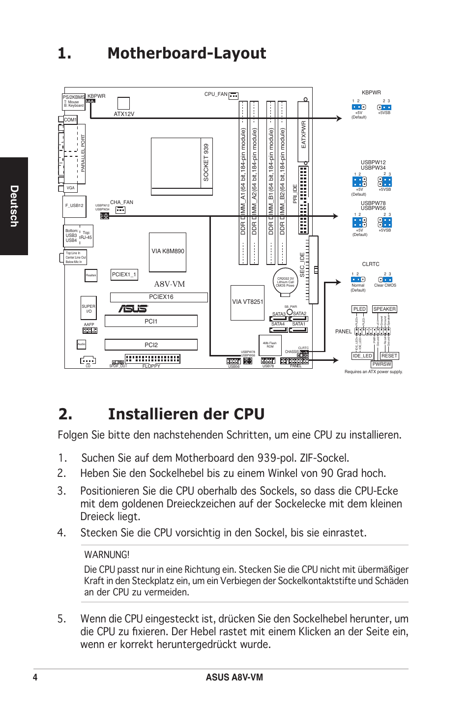 Motherboard-layout 2. installieren der cpu, Deutsch, Asus a8v-vm | A8v-vm | Asus A8V-VM User Manual | Page 5 / 38