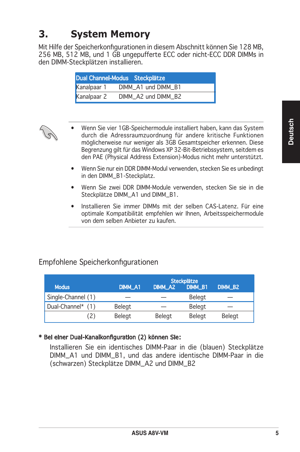 Empfohlene speicherkonfigurationen | Asus A8V-VM User Manual | Page 6 / 38