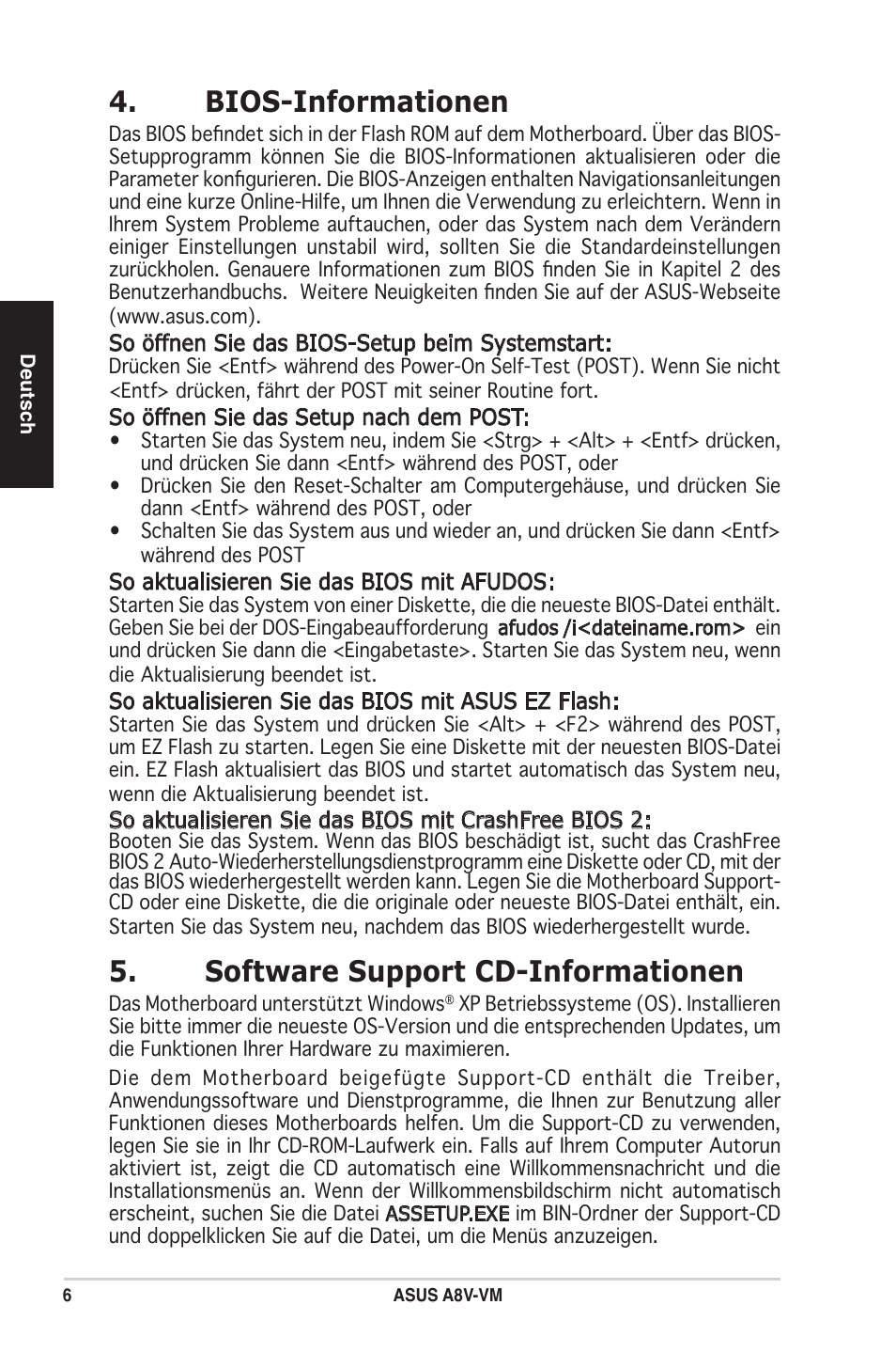 Bios-informationen, Software support cd-informationen | Asus A8V-VM User Manual | Page 7 / 38