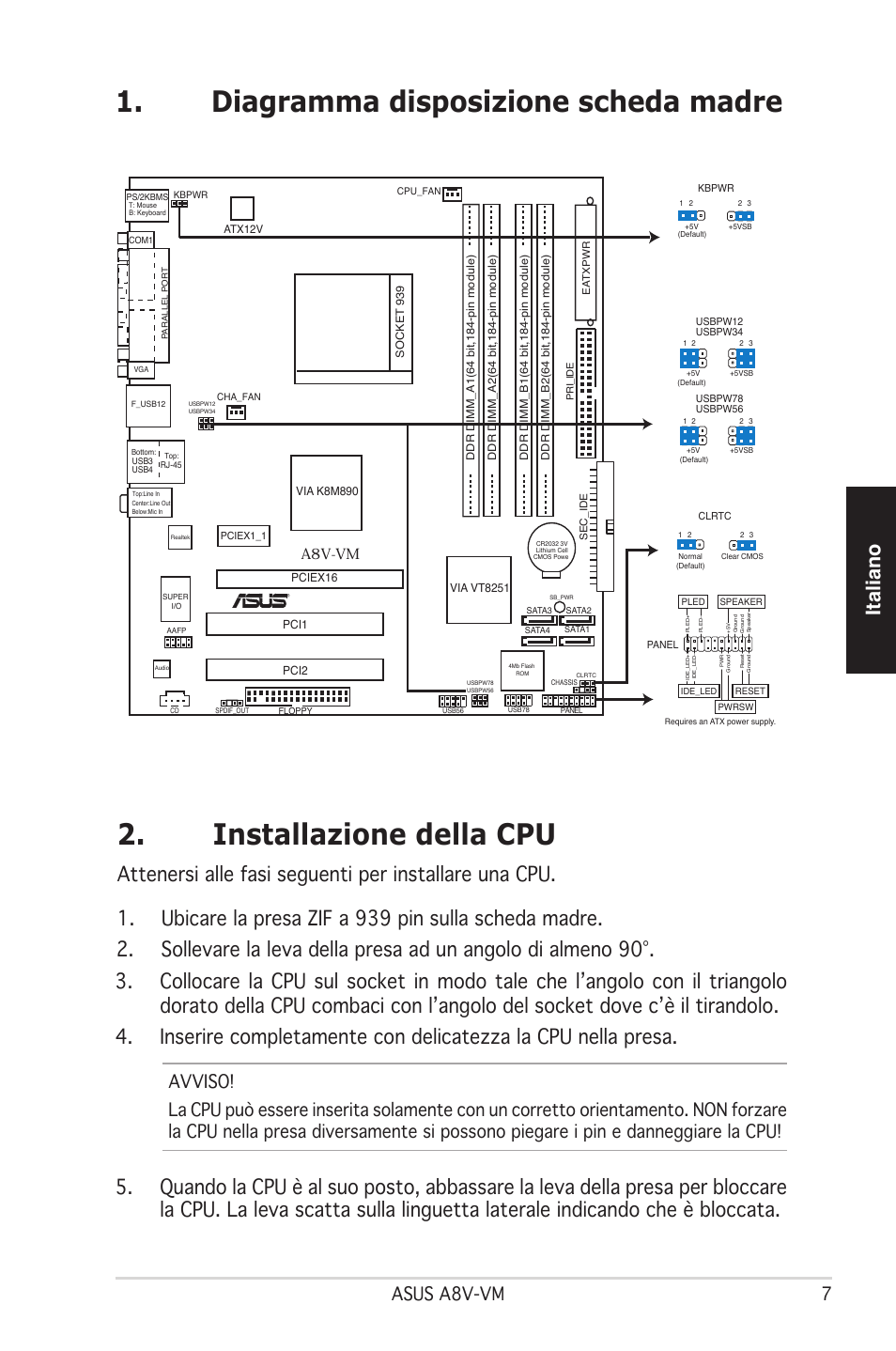 Installazione della cpu, Diagramma disposizione scheda madre, Italiano | Asus a8v-vm, A8v-vm | Asus A8V-VM User Manual | Page 8 / 38