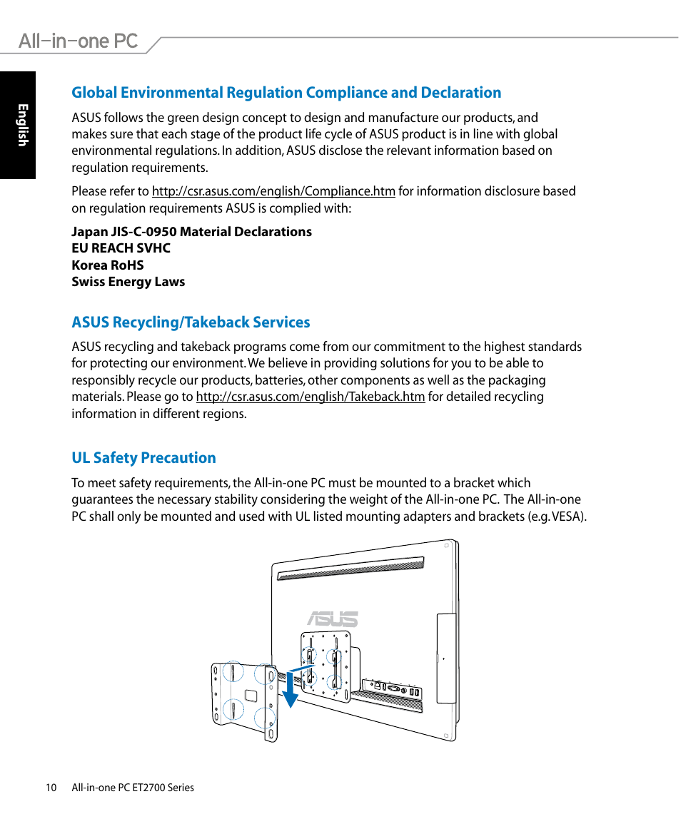 Asus recycling/takeback services, Ul safety precaution | Asus ET2701IUTI User Manual | Page 10 / 44