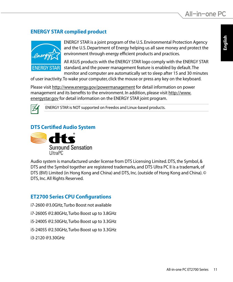 Energy star complied product, Dts certified audio system, Et2700 series cpu configurations | Asus ET2701IUTI User Manual | Page 11 / 44