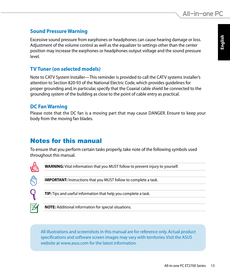 Sound pressure warning, Tv tuner (on selected models), Dc fan warning | Notes for this manual | Asus ET2701IUTI User Manual | Page 13 / 44