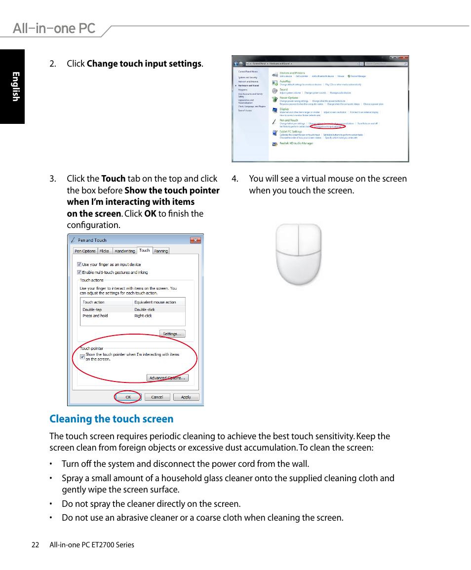 Cleaning the touch screen | Asus ET2701IUTI User Manual | Page 22 / 44