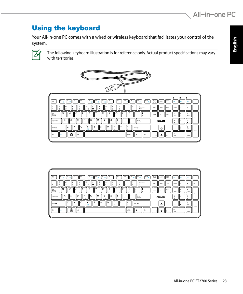 Using the keyboard, English | Asus ET2701IUTI User Manual | Page 23 / 44