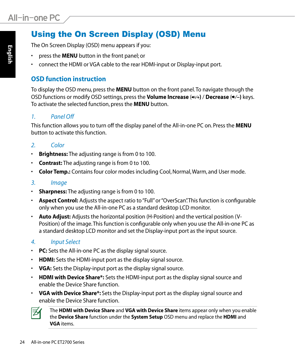 Using the on screen display (osd) menu, Osd function instruction | Asus ET2701IUTI User Manual | Page 24 / 44