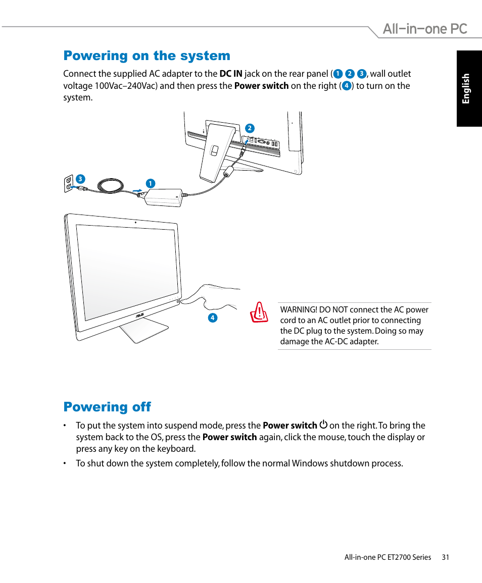 Powering on the system, Powering off, Powering on the system powering off | Asus ET2701IUTI User Manual | Page 31 / 44