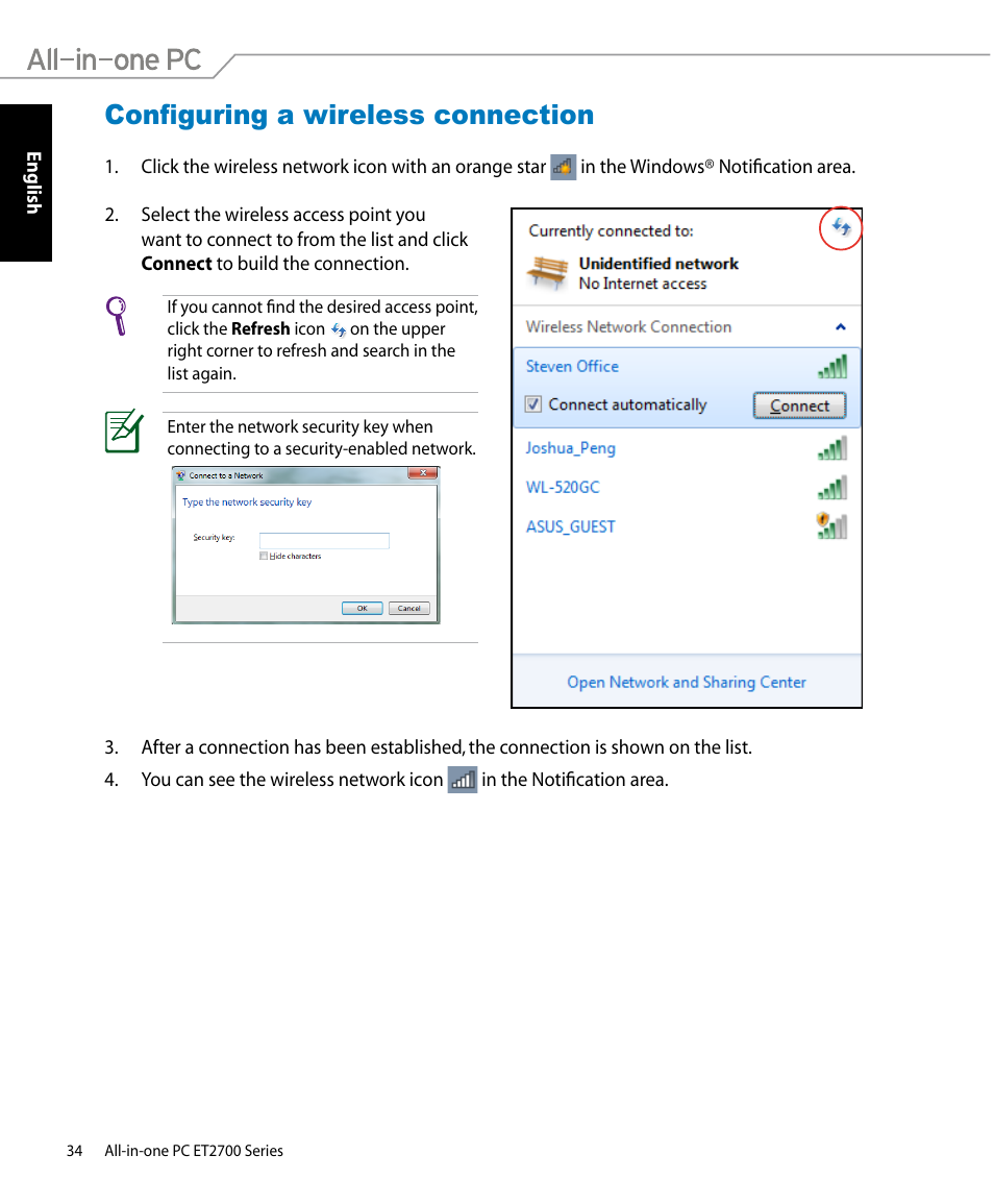 Configuring a wireless connection | Asus ET2701IUTI User Manual | Page 34 / 44