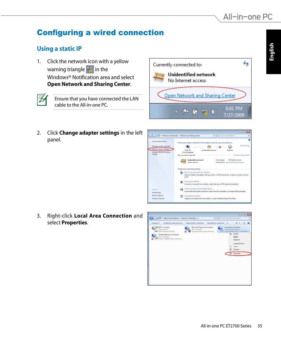 Configuring a wired connection, Using a static ip | Asus ET2701IUTI User Manual | Page 35 / 44