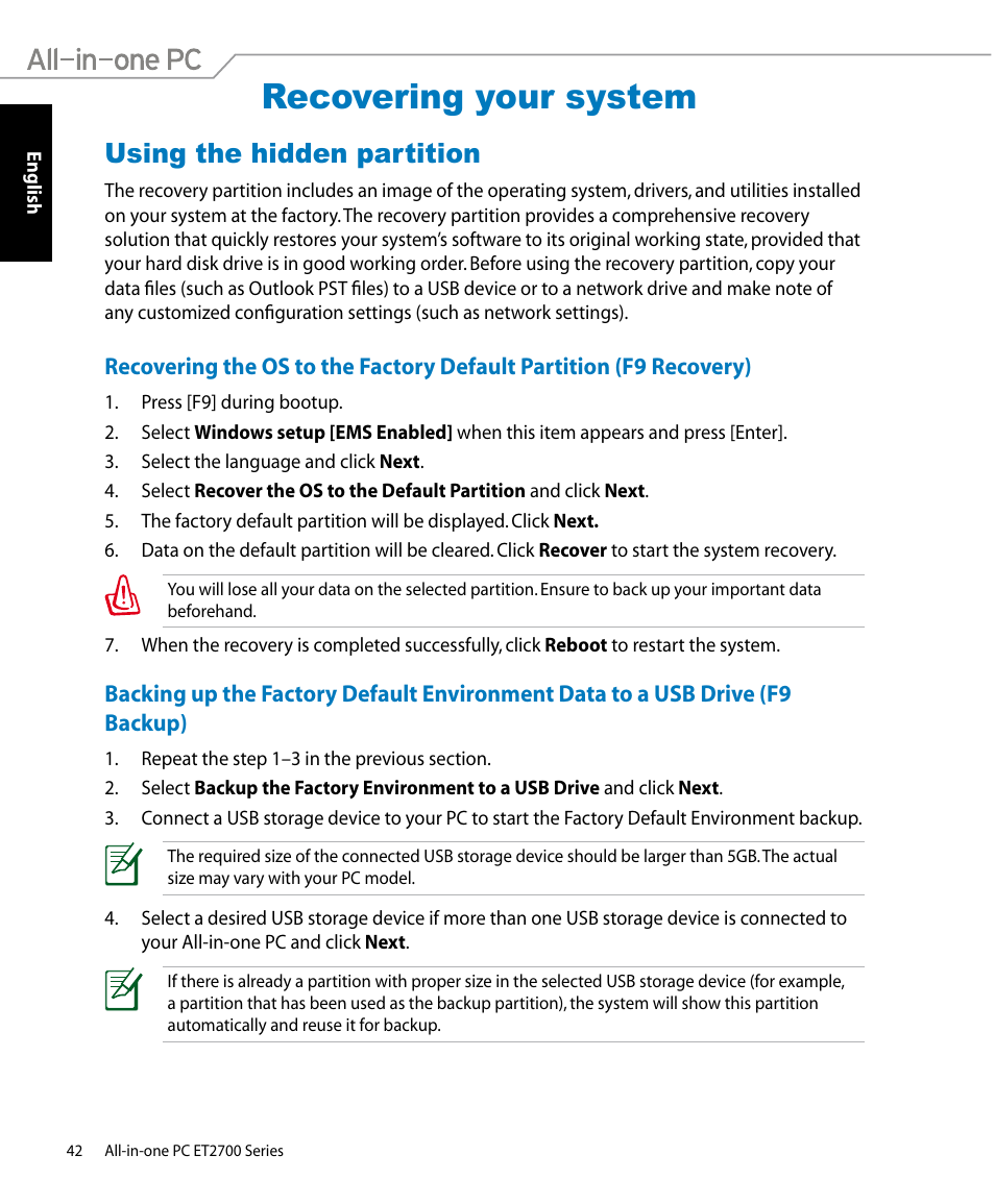 Recovering your system, Using the hidden partition | Asus ET2701IUTI User Manual | Page 42 / 44