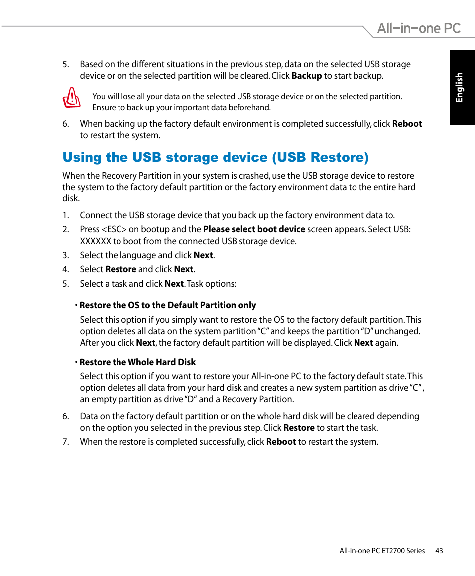 Using the usb storage device (usb restore) | Asus ET2701IUTI User Manual | Page 43 / 44