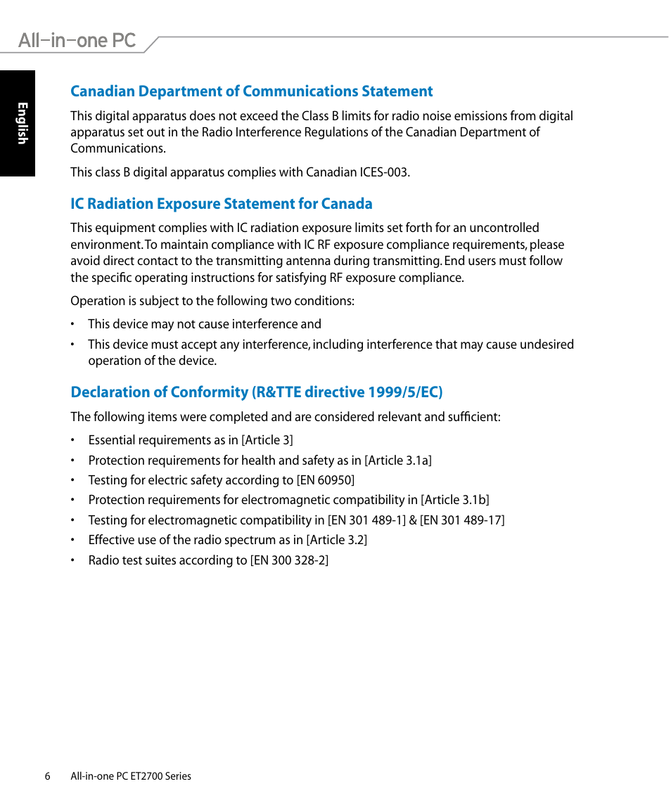 Canadian department of communications statement, Ic radiation exposure statement for canada | Asus ET2701IUTI User Manual | Page 6 / 44