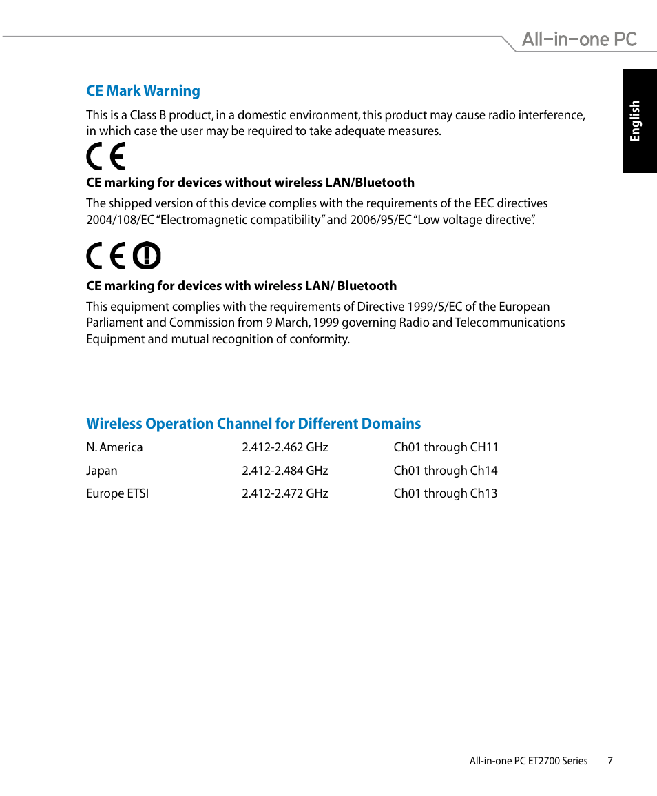 Ce mark warning, Wireless operation channel for different domains | Asus ET2701IUTI User Manual | Page 7 / 44