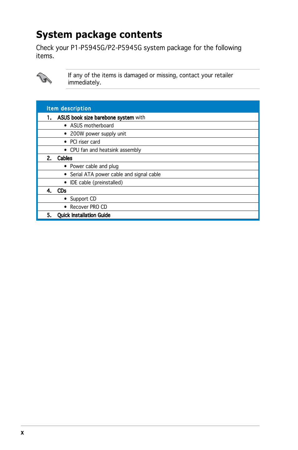 System package contents | Asus P1-P5945G User Manual | Page 10 / 92