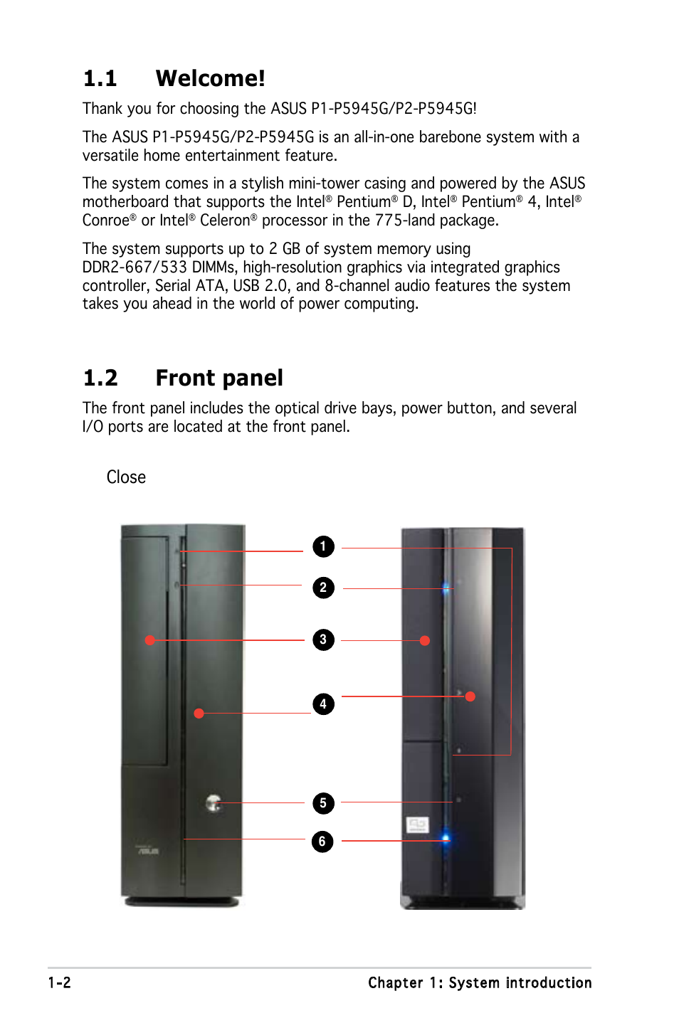 1 welcome, 2 front panel, Close | Asus P1-P5945G User Manual | Page 12 / 92