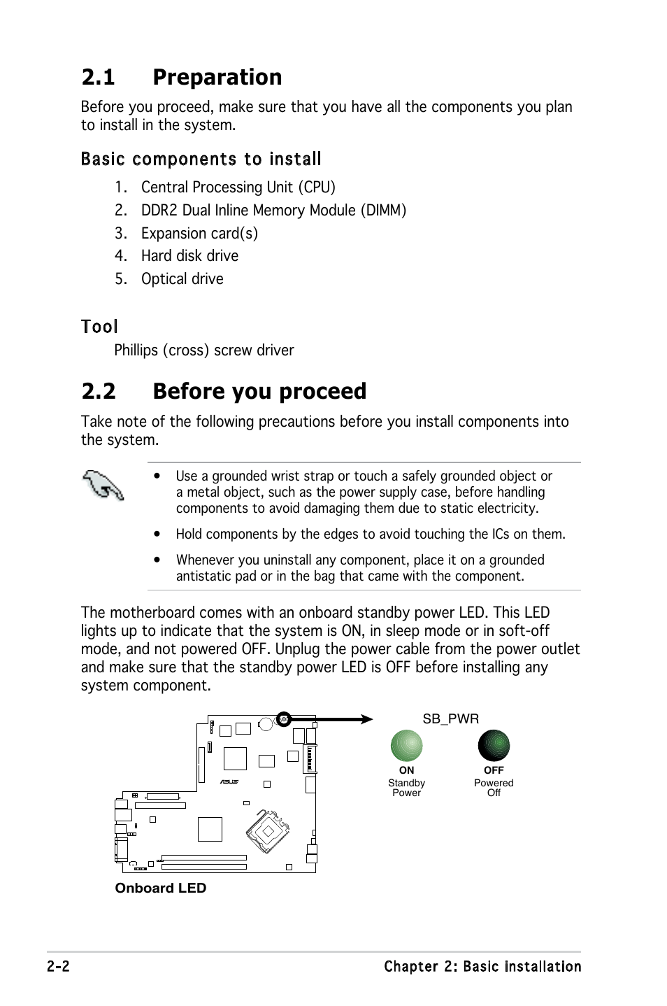 1 preparation, 2 before you proceed, Basic components to install | Tool | Asus P1-P5945G User Manual | Page 18 / 92