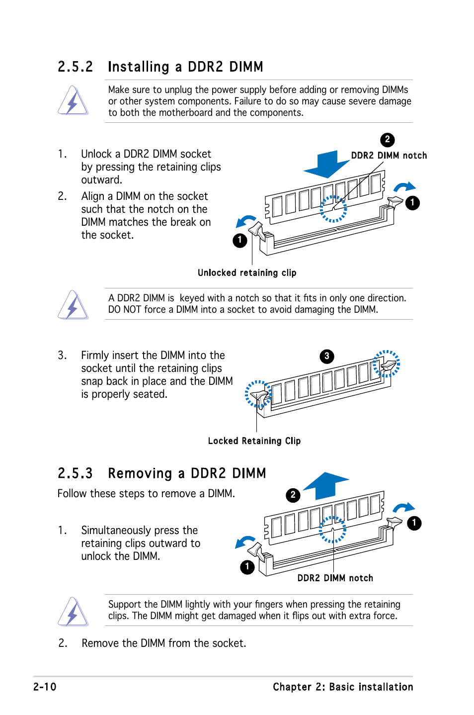 3 removing a ddr2 dimm, 2 installing a ddr2 dimm | Asus P1-P5945G User Manual | Page 26 / 92