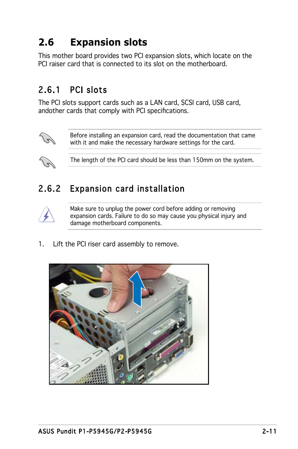 6 expansion slots, 1 pci slots, 2 expansion card installation | Asus P1-P5945G User Manual | Page 27 / 92