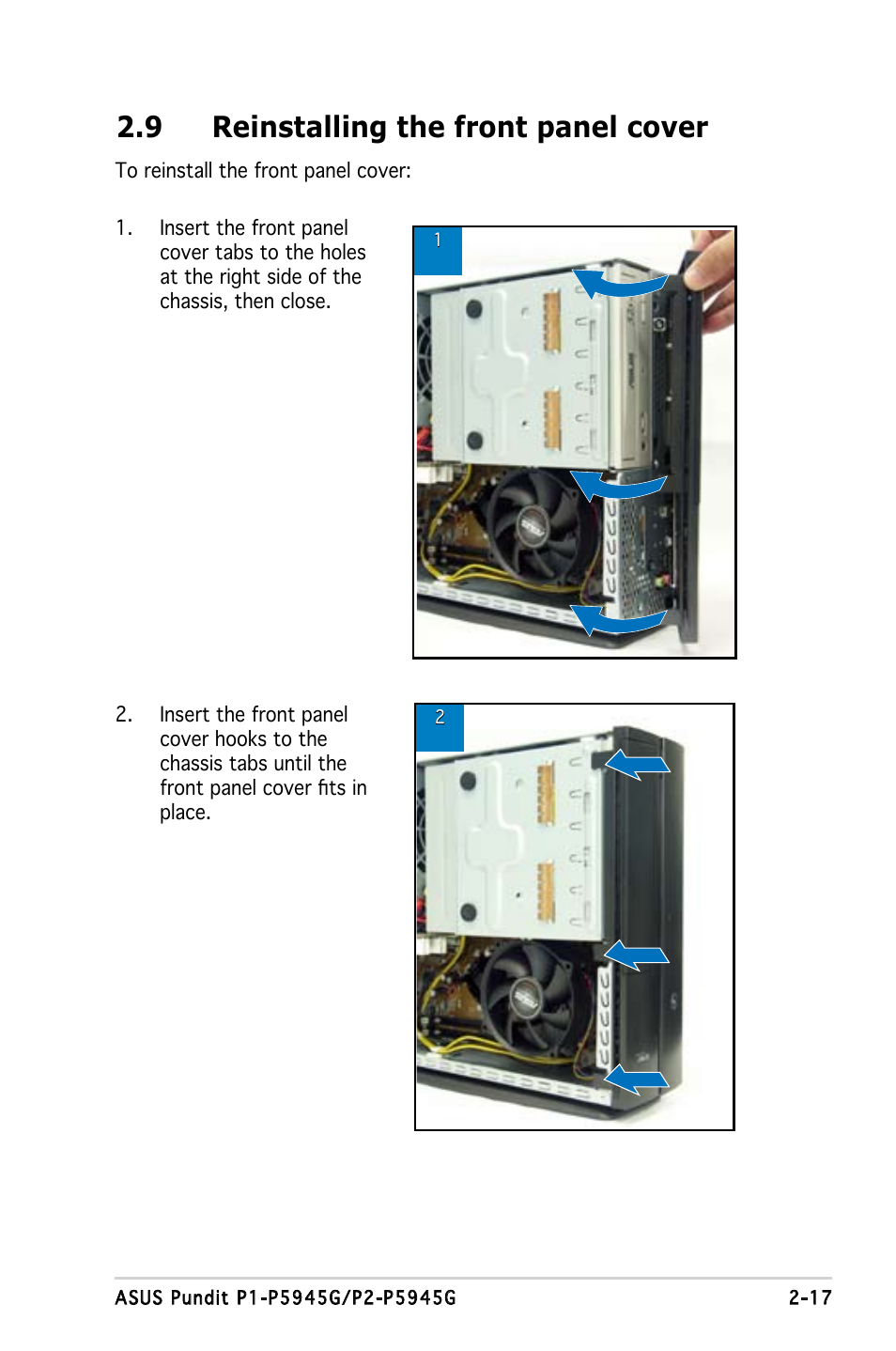 9 reinstalling the front panel cover | Asus P1-P5945G User Manual | Page 33 / 92