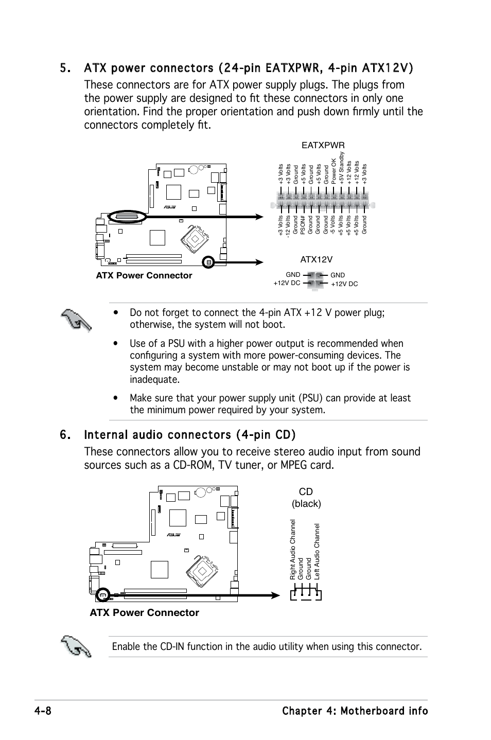 8 chapter 4: motherboard info, Atx power connector cd (black) | Asus P1-P5945G User Manual | Page 53 / 92