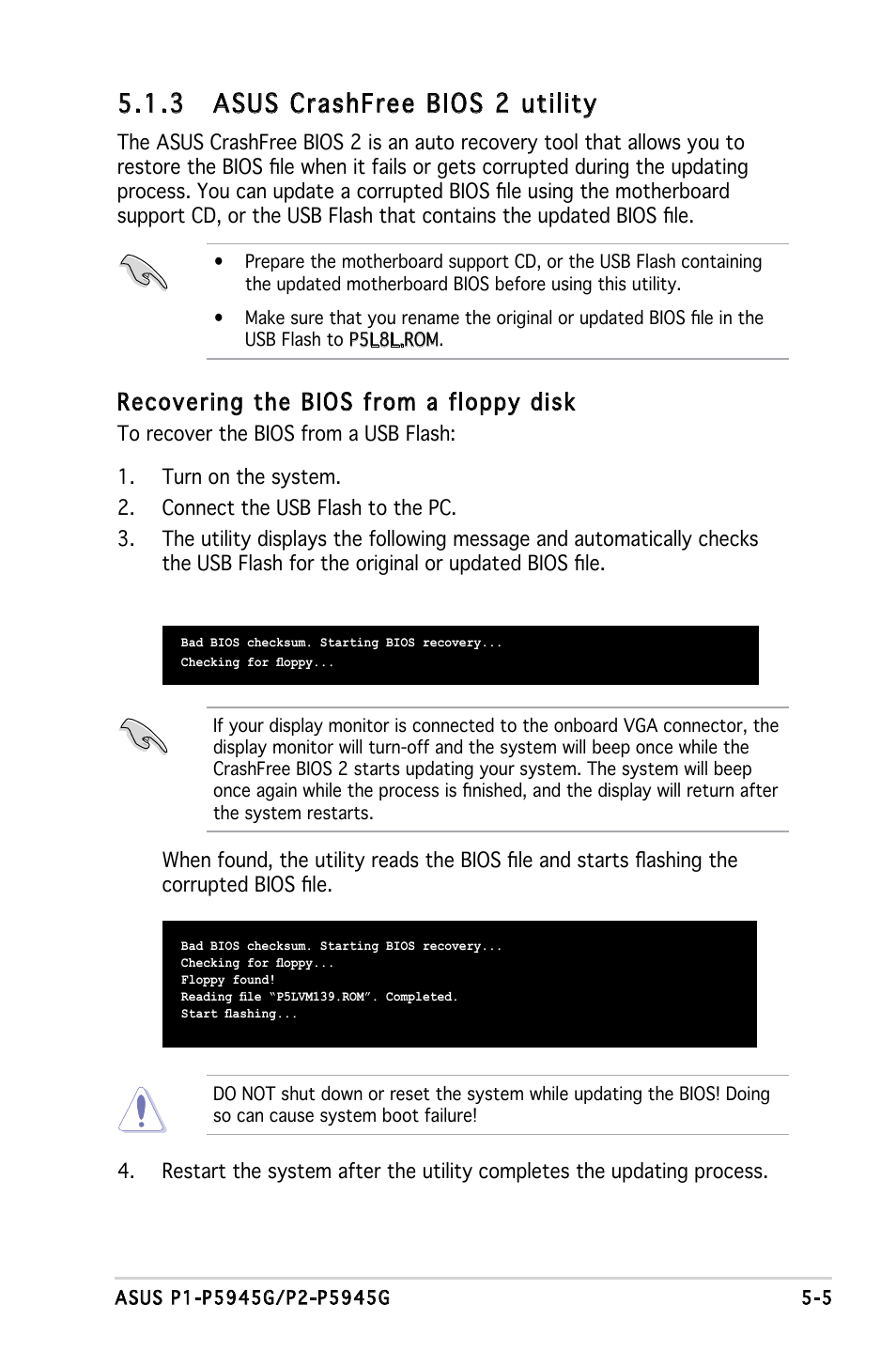 3 asus crashfree bios 2 utility, Recovering the bios from a floppy disk | Asus P1-P5945G User Manual | Page 60 / 92