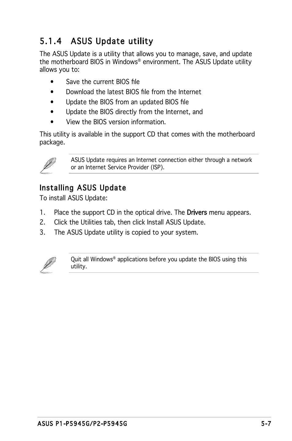 4 asus update utility, Installing asus update | Asus P1-P5945G User Manual | Page 62 / 92