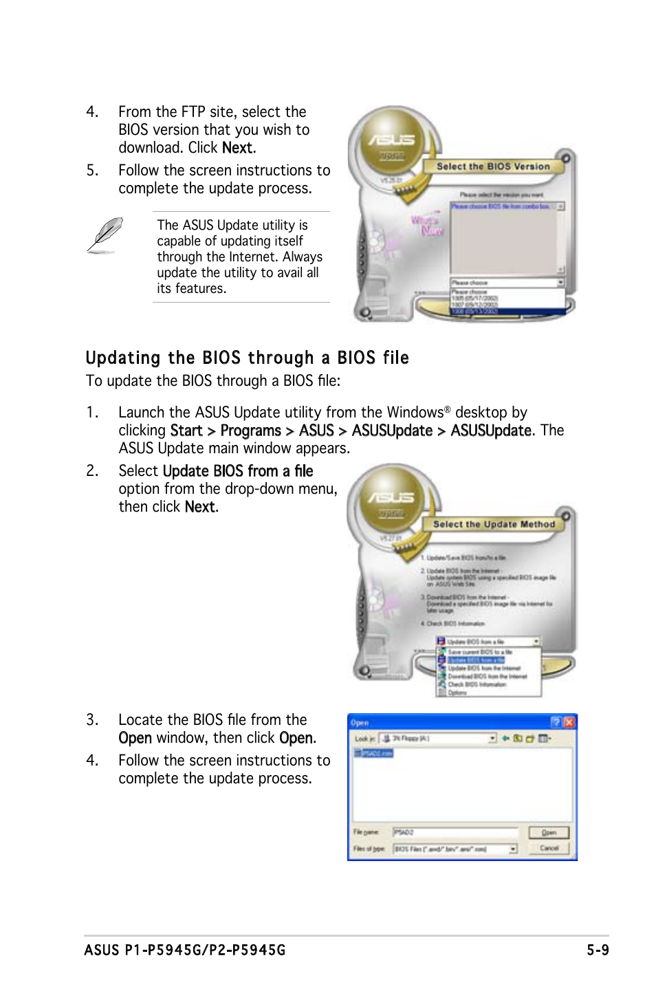 Updating the bios through a bios file | Asus P1-P5945G User Manual | Page 64 / 92