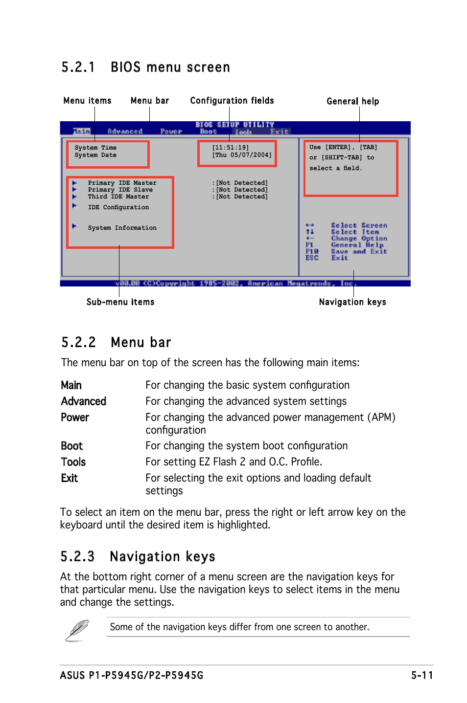 2 menu bar, 1 bios menu screen, 3 navigation keys | Asus P1-P5945G User Manual | Page 66 / 92