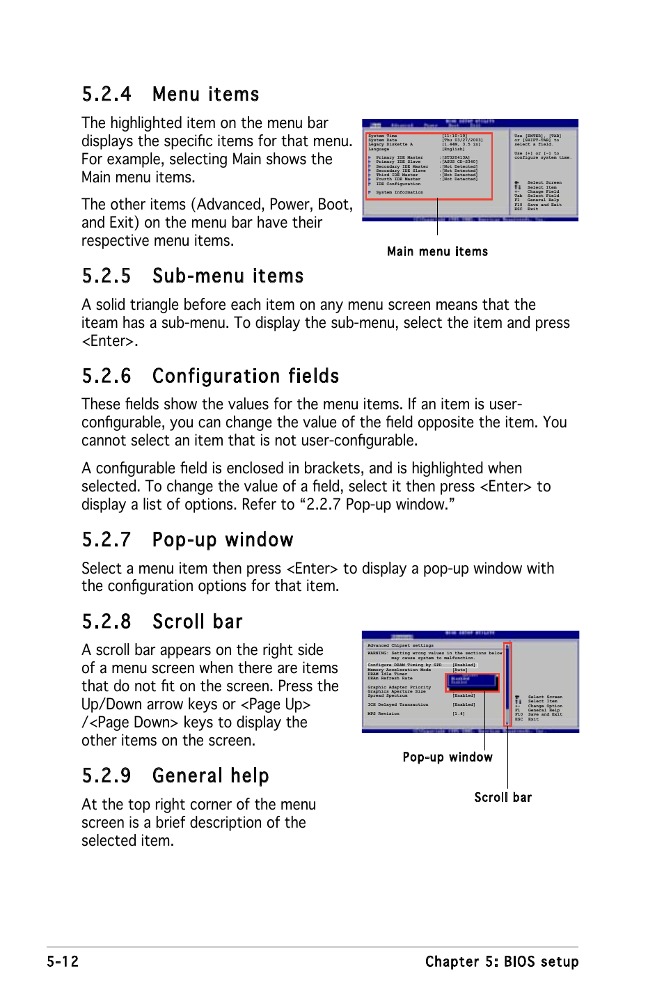 4 menu items, 5 sub-menu items, 6 configuration fields | 7 pop-up window, 8 scroll bar, 9 general help, 12 chapter 5: bios setup | Asus P1-P5945G User Manual | Page 67 / 92