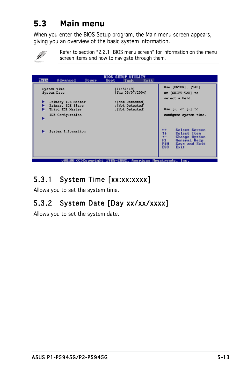 3 main menu | Asus P1-P5945G User Manual | Page 68 / 92