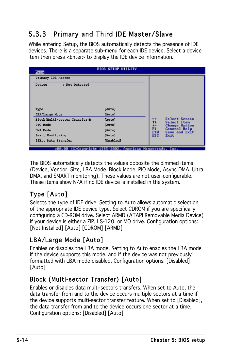 3 primary and third ide master/slave, Type [auto, Lba/large mode [auto | Block (multi-sector transfer) [auto | Asus P1-P5945G User Manual | Page 69 / 92