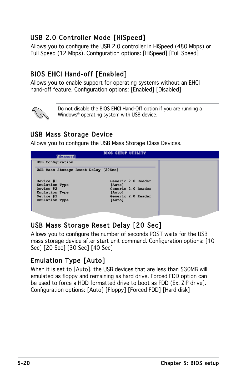 Bios ehci hand-off [enabled, Usb mass storage device, Usb mass storage reset delay [20 sec | Emulation type [auto, Usb 2.0 controller mode [hispeed | Asus P1-P5945G User Manual | Page 75 / 92