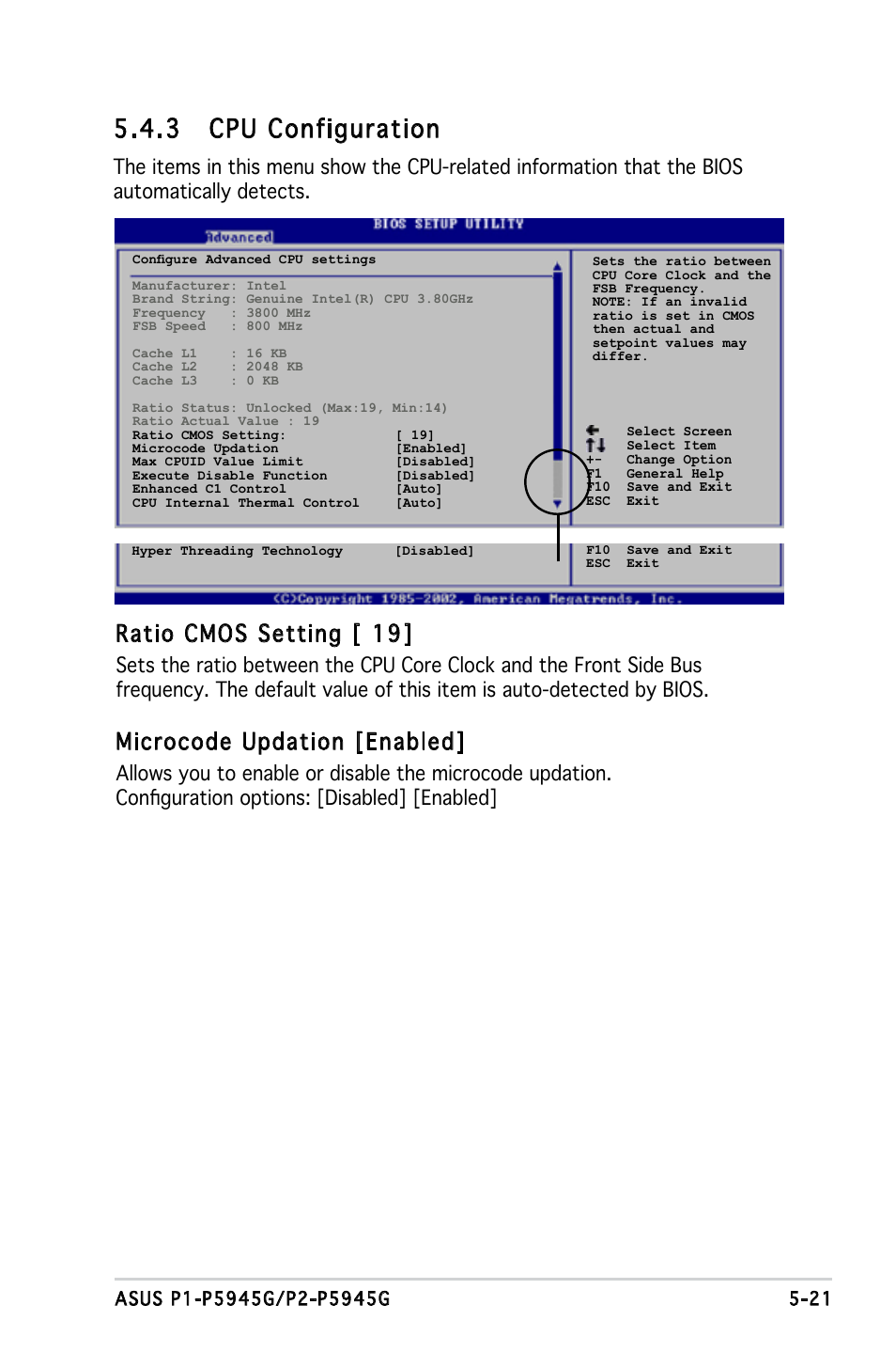 3 cpu configuration, Ratio cmos setting [ 19, Microcode updation [enabled | Asus P1-P5945G User Manual | Page 76 / 92