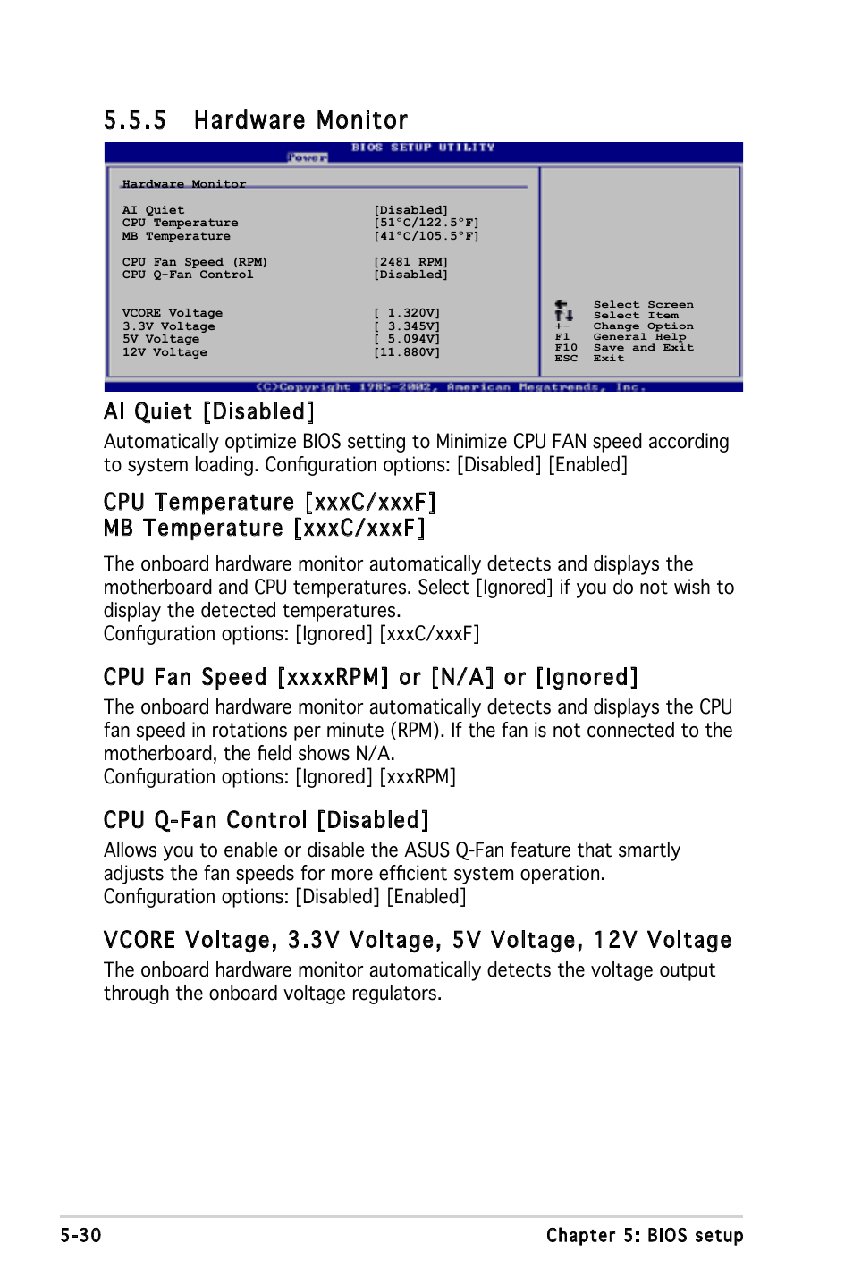 5 hardware monitor, Ai quiet [disabled, Cpu q-fan control [disabled | Asus P1-P5945G User Manual | Page 85 / 92