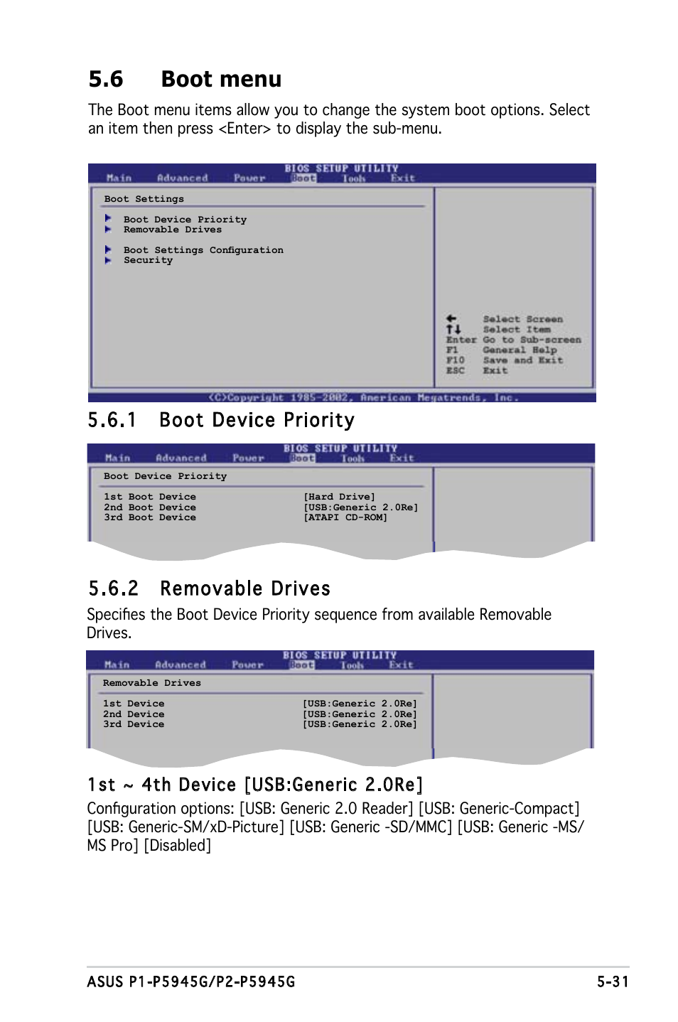 6 boot menu, 1 boot device priority, 2 removable drives | 1st ~ 4th device [usb:generic 2.0re | Asus P1-P5945G User Manual | Page 86 / 92