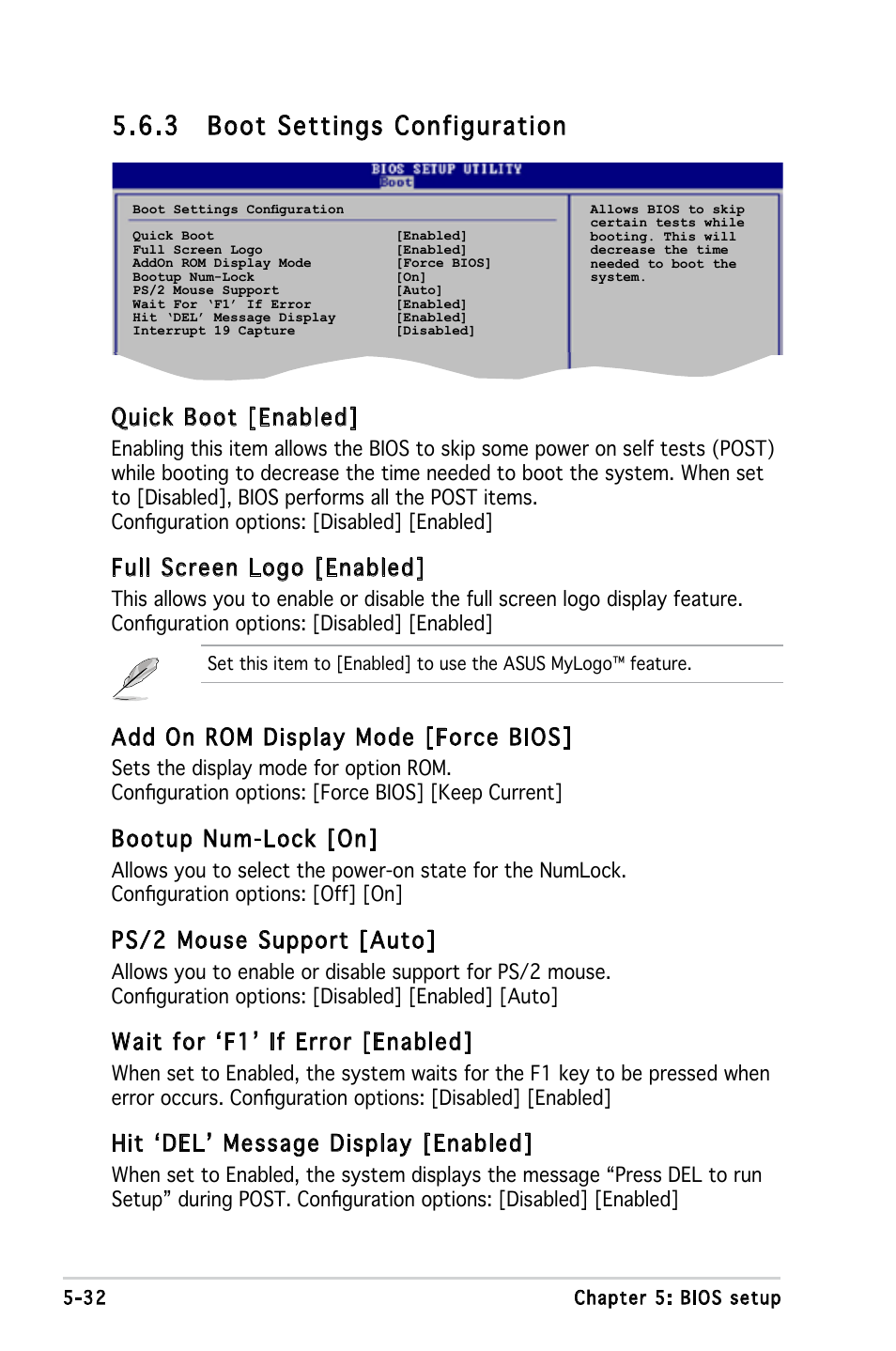 3 boot settings configuration, Quick boot [enabled, Full screen logo [enabled | Add on rom display mode [force bios, Bootup num-lock [on, Ps/2 mouse support [auto, Wait for ‘f1’ if error [enabled, Hit ‘del’ message display [enabled | Asus P1-P5945G User Manual | Page 87 / 92