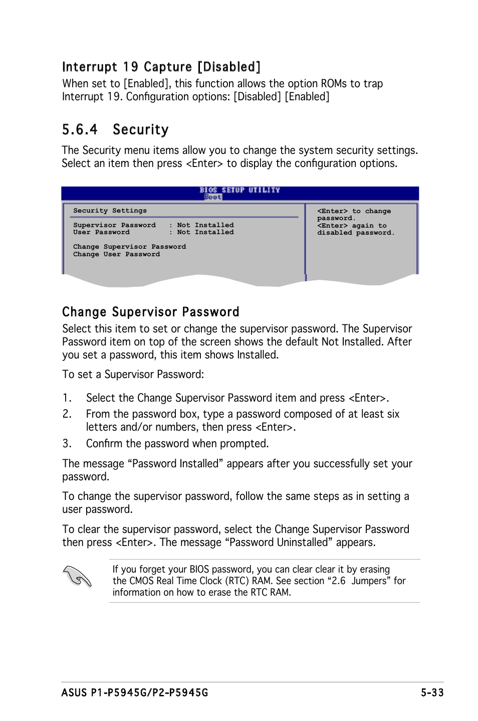 4 security, Interrupt 19 capture [disabled, Change supervisor password | Asus P1-P5945G User Manual | Page 88 / 92