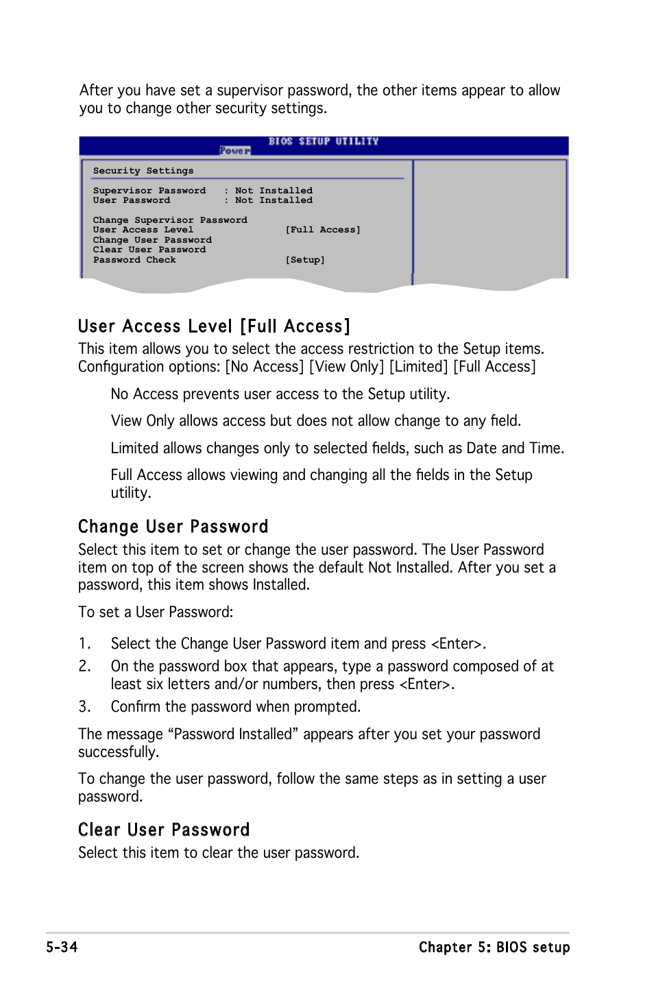 User access level [full access, Change user password, Clear user password | Asus P1-P5945G User Manual | Page 89 / 92