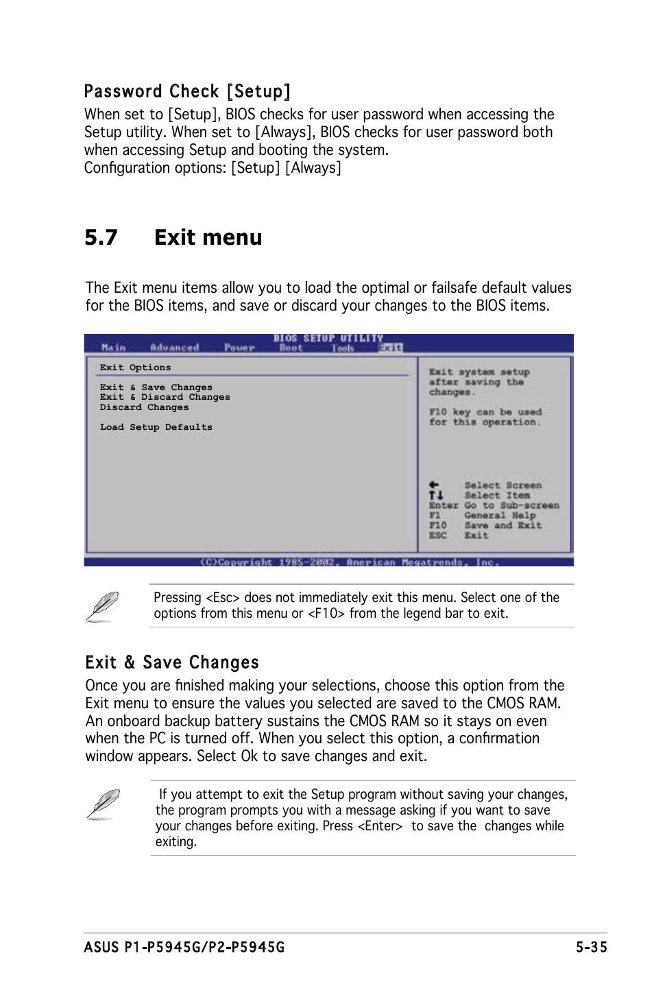 7 exit menu, Password check [setup, Exit & save changes | Asus P1-P5945G User Manual | Page 90 / 92