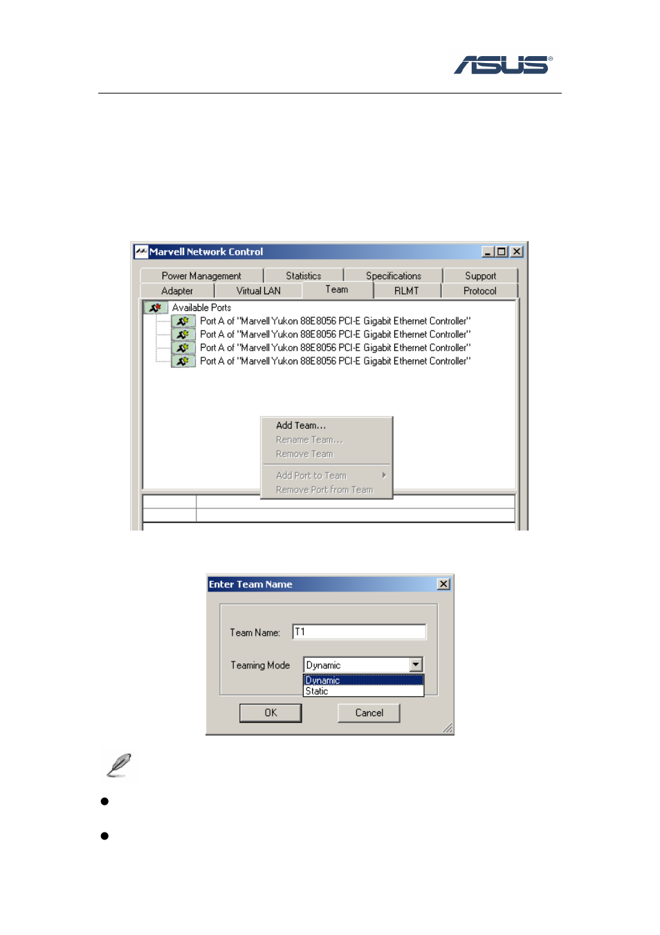 Chapter 2 teaming configuration, 1 add team, Chapter 2 | Teaming configuration, Add team | Asus P5M2P-E/4L User Manual | Page 9 / 12