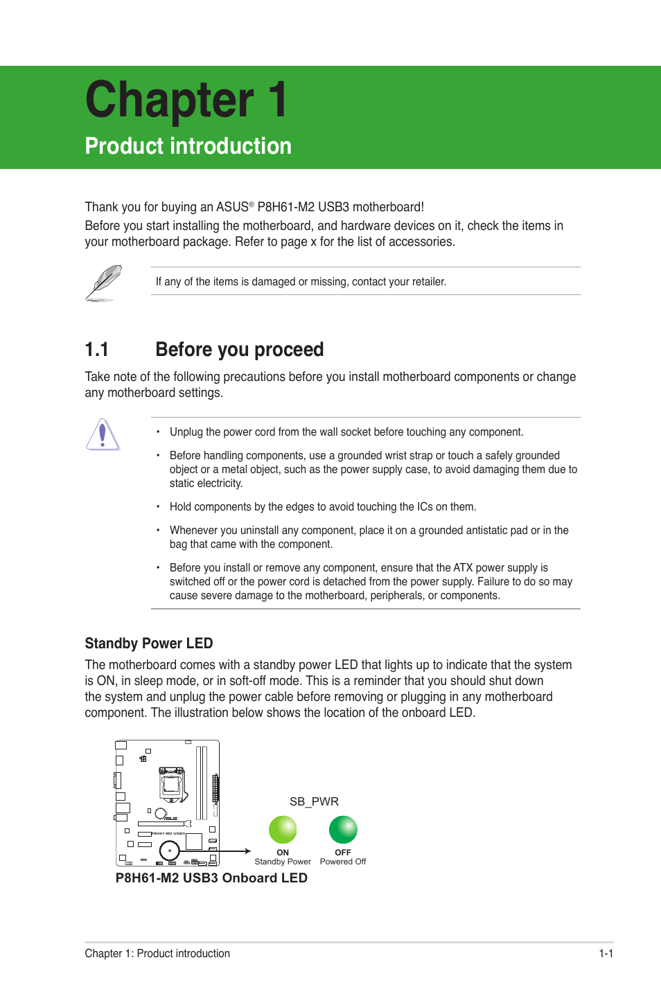 Chapter 1, Product introduction, 1 before you proceed | Before you proceed -1 | Asus P8H61-M2 USB3 User Manual | Page 11 / 62