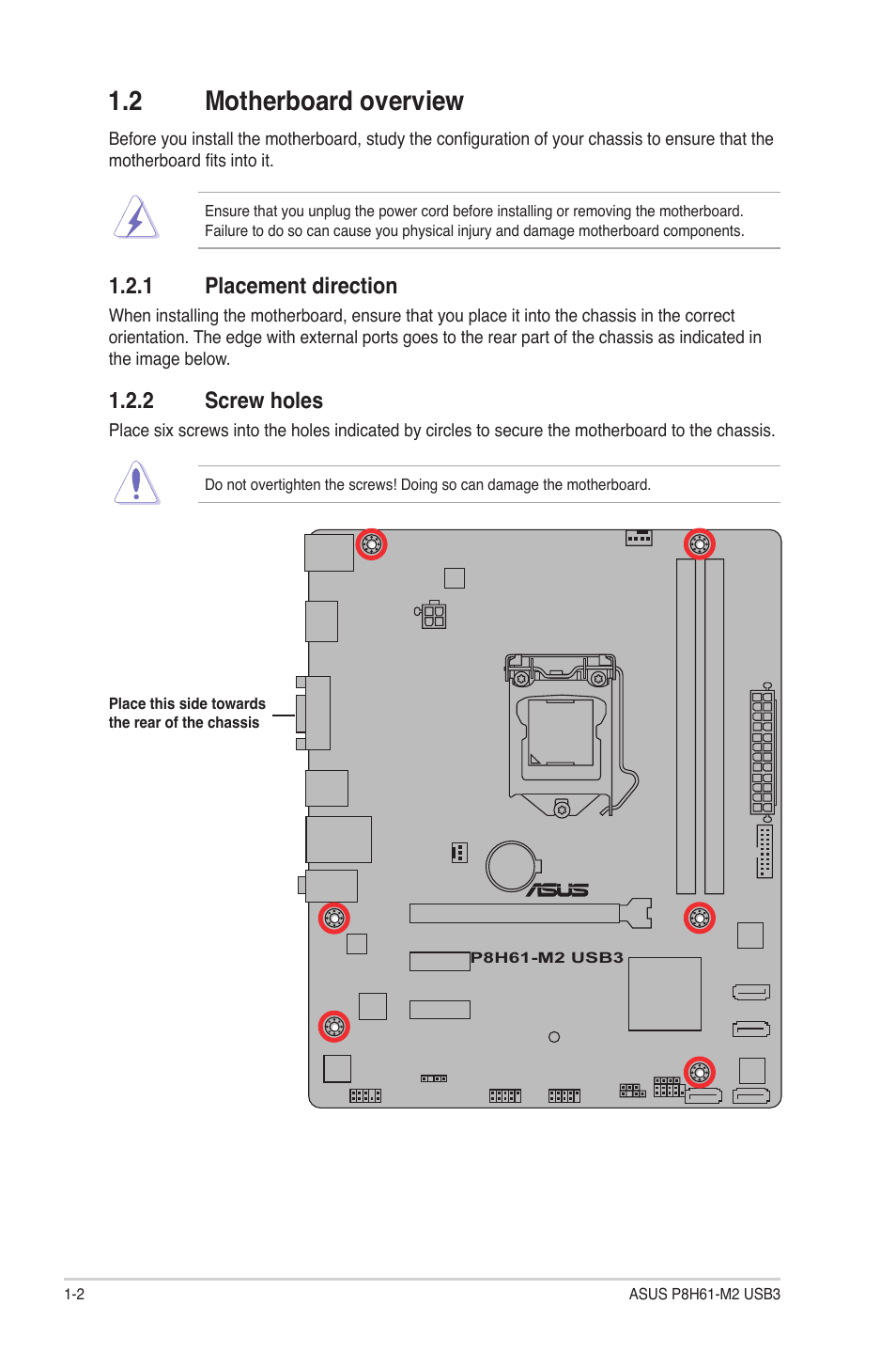 2 motherboard overview, 1 placement direction, 2 screw holes | Motherboard overview -2 1.2.1, Placement direction -2, Screw holes -2 | Asus P8H61-M2 USB3 User Manual | Page 12 / 62