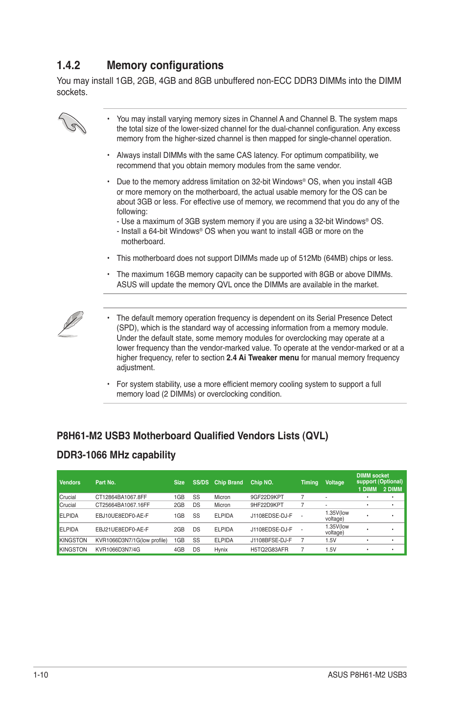 2 memory configurations, Memory configurations -10 | Asus P8H61-M2 USB3 User Manual | Page 20 / 62