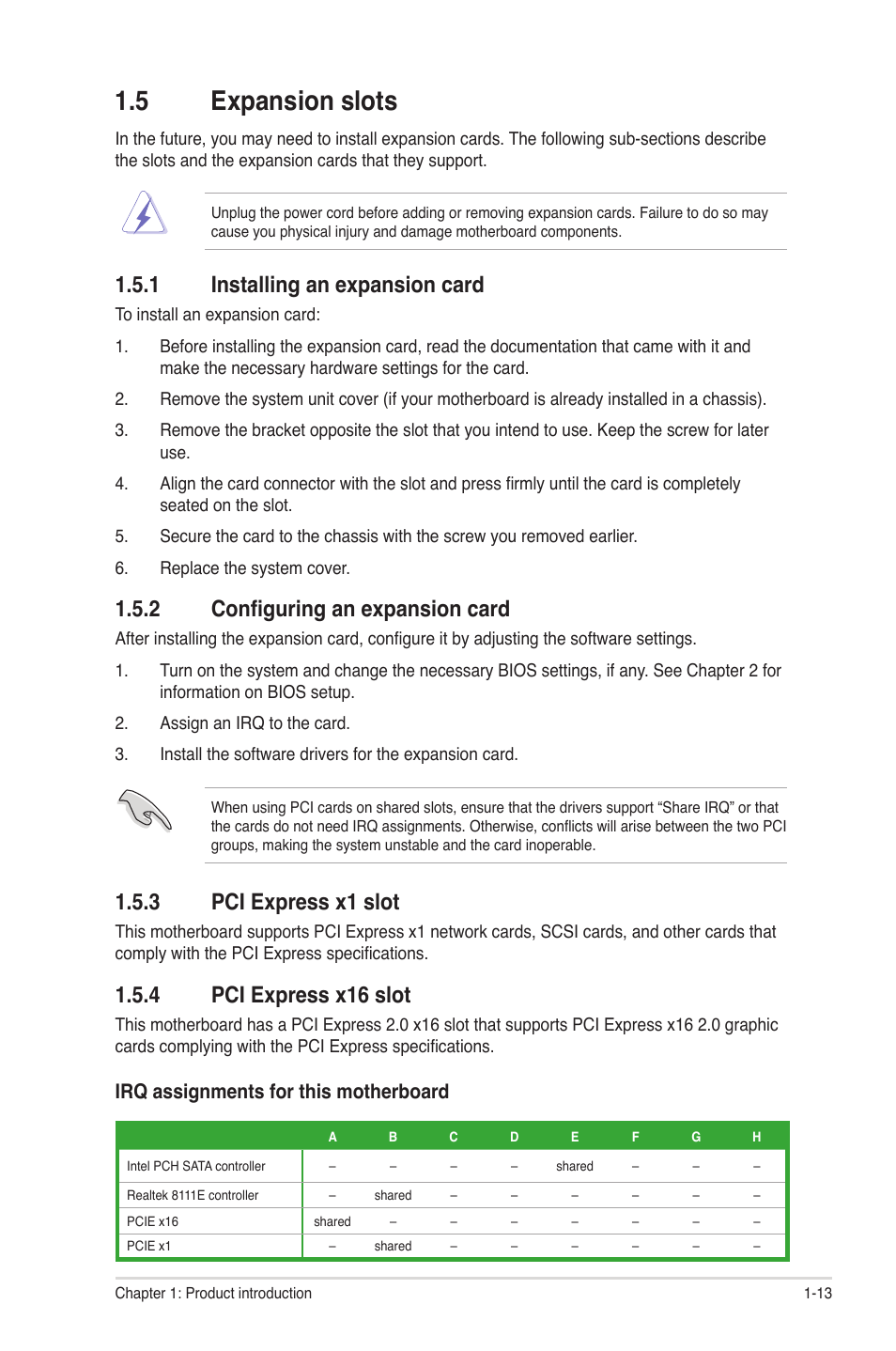 5 expansion slots, 1 installing an expansion card, 2 configuring an expansion card | 3 pci express x1 slot, 4 pci express x16 slot, Expansion slots -13 1.5.1, Installing an expansion card -13, Configuring an expansion card -13, Pci express x1 slot -13, Pci express x16 slot -13 | Asus P8H61-M2 USB3 User Manual | Page 23 / 62