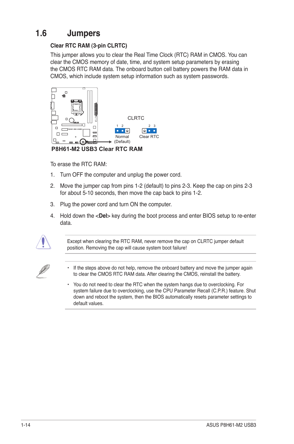 6 jumpers, Jumpers -14 | Asus P8H61-M2 USB3 User Manual | Page 24 / 62