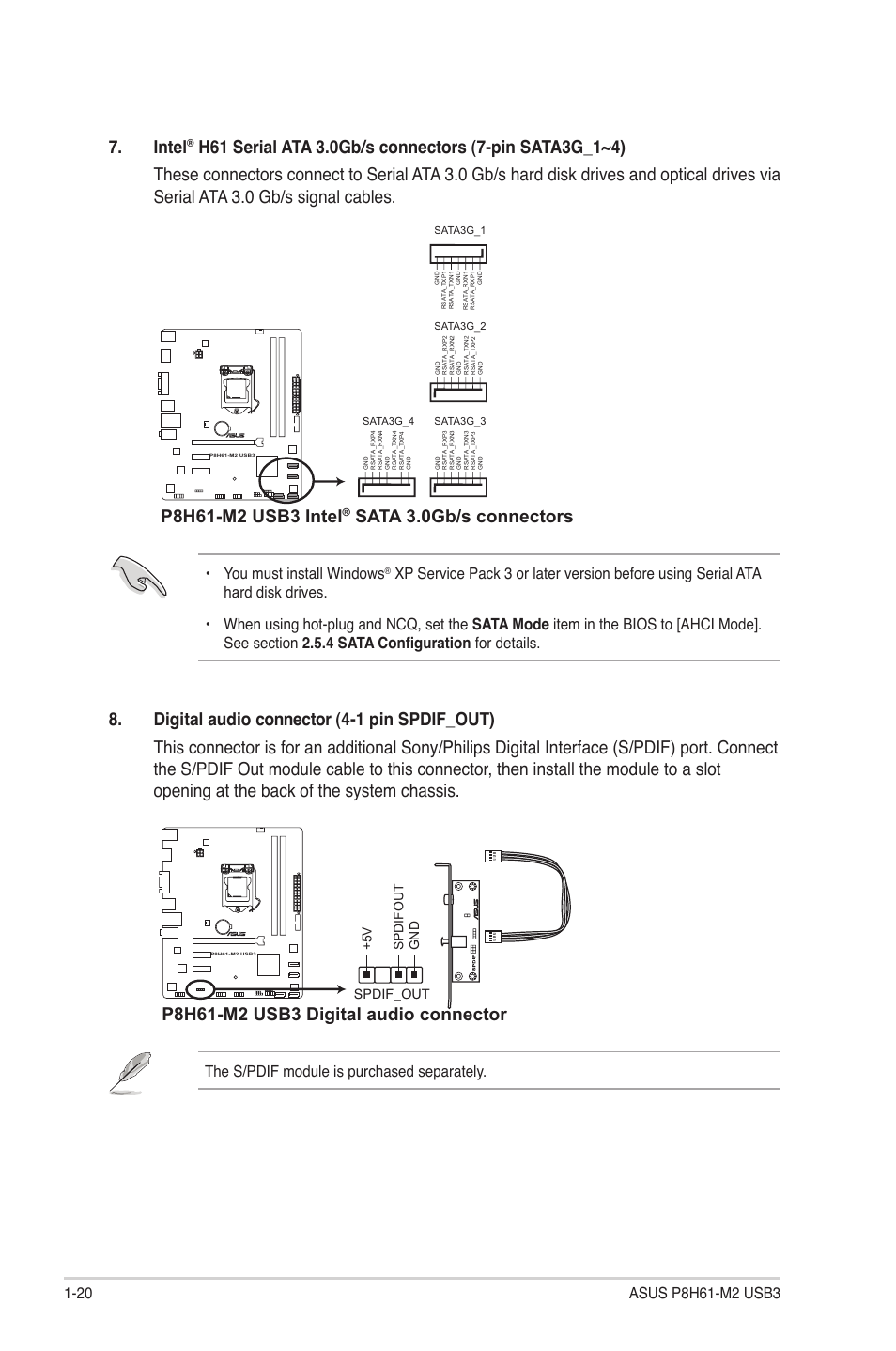 Intel, Sata 3.0gb/s connectors, You must install windows | The s/pdif module is purchased separately, Spdif_out, 5 v spdifout gnd | Asus P8H61-M2 USB3 User Manual | Page 30 / 62