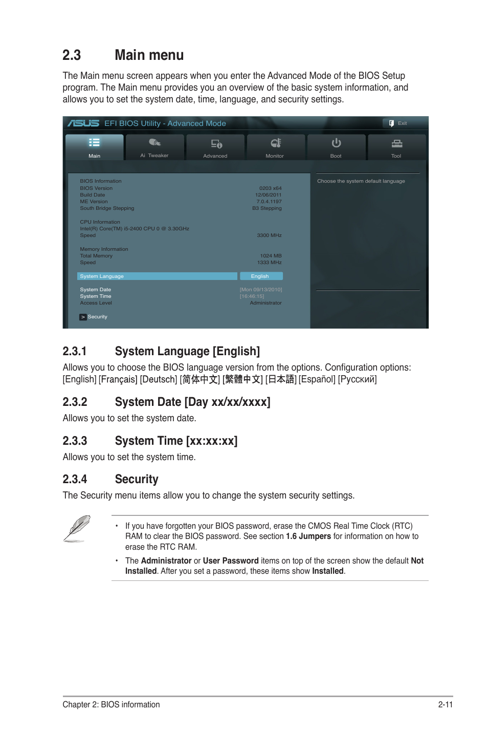 3 main menu, 1 system language [english, 2 system date [day xx/xx/xxxx | 3 system time [xx:xx:xx, 4 security, Main menu -11 2.3.1, System language [english] -11, System date [day xx/xx/xxxx] -11, System time [xx:xx:xx] -11, Security -11 | Asus P8H61-M2 USB3 User Manual | Page 43 / 62